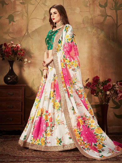 Cream Floral Digital Printed Organza Bridal Lehenga Choli